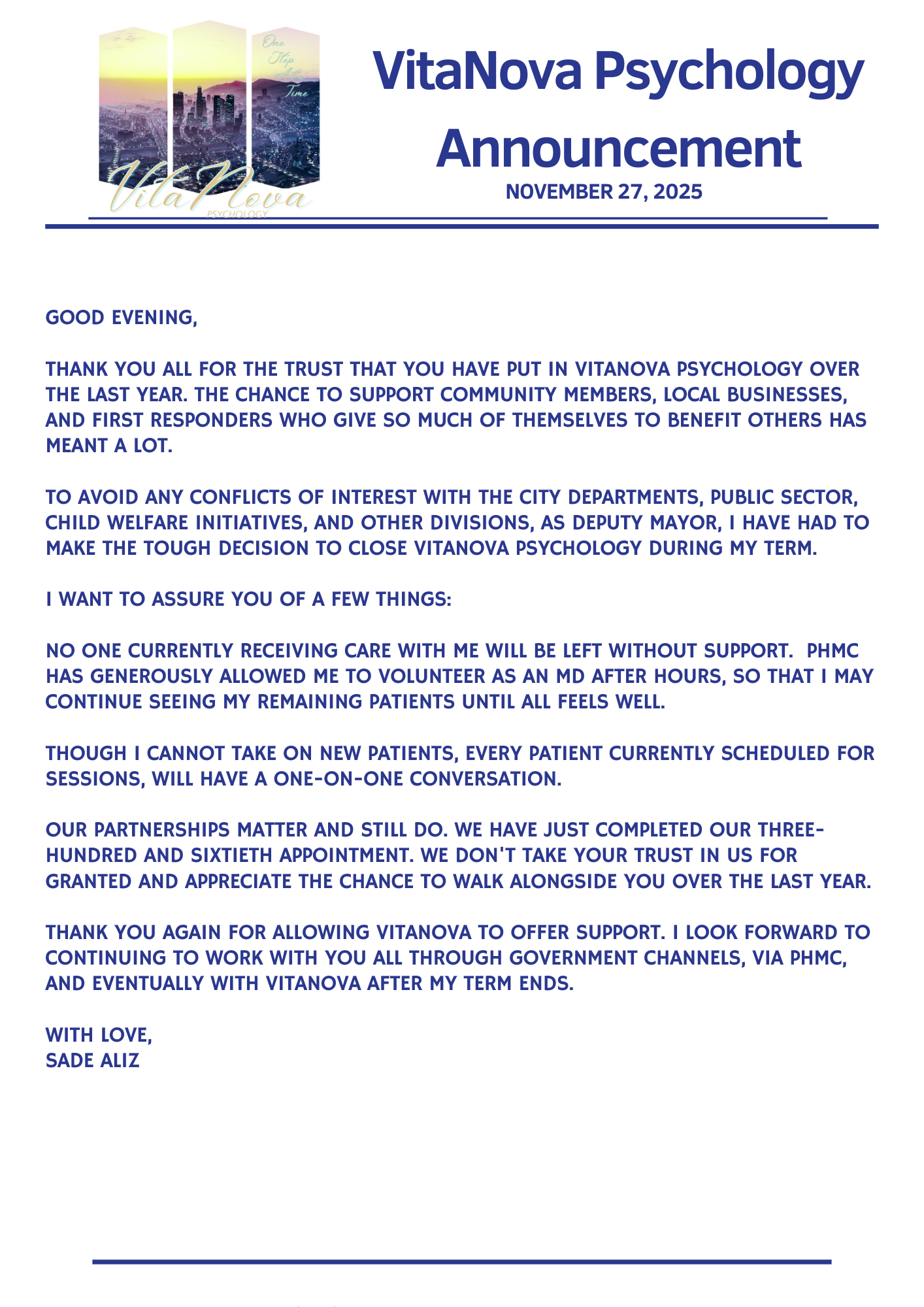 VitaNova Psychology Announcement